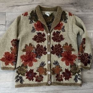 LL Bean Women’s Medium Wool Blend Cardigan Fall Leaves Grandma Brown Vintage